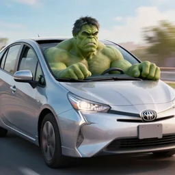 film still of hulk inside a prius, driving a prius in the new avengers movie, 4 k