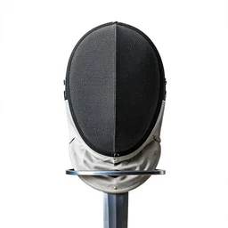 lacquered fencing sword and mask, photorealistic, isolated on a pure white background, centered, entire object in frame, sharp focus, soft studio lighting