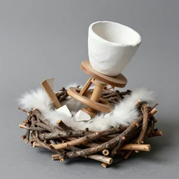 realistic photo of a a wooden astronomy archeology chemistry nest scientific appliance model equipment gadget object made of wooden branches, a tumbler is made of white clay, fragments made of white fur, background is grey monochrome 1 9 9 0, life magazine reportage photo, natural colors, metropolitan museum collection