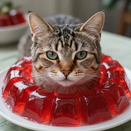 cat covered in red jello cubes, 4k realistic photo