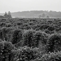 black and white, cinematic, landscape covered in vines, hazy, distant forest, ultra detailed