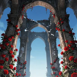 comic artwork cover by James Jean of broken arches leading to the pillars of eternity draped with red flowers and vines, blue sky, lens flare, a sense of mystery, cinematic, ultra detailed, intricate, sharp focus, trending on artstation, 8K