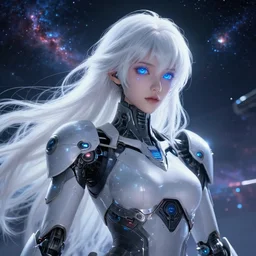 photo of a android girl on a space ship, warframe armor, beautiful face, scifi, nebula reflections, futuristic background, dreamy, long white hair, blue android eyes, glowing, 8 k high definition, insanely detailed, intricate, innocent, art by akihiko yoshida, antilous chao, li zixin, woo kim