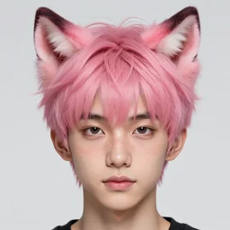character concept art of a cute boy with pink hair and pink wolf ears and freckles | | cute - fine - face, pretty face, key visual, realistic shaded perfect face, fine details by stanley artgerm lau, wlop, rossdraws, james jean, andrei riabovitchev, marc simonetti, and sakimichan, trending on artstation