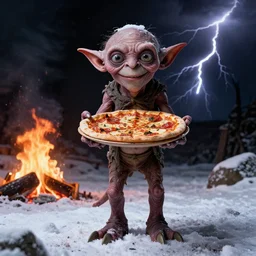 gollum smeagol grotesque holding a pizza up to the camera, feet deep in snow, fire in the background, black sky, lightning, ultra detailed, ultra realistic, by beksinski, alejandro jodorowsky, giger, greg rutkowski, carne griffith trending on artstation, deviantart, photorealism