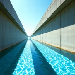 a vhs tape of a liminal concrete pathway, straight concrete walls, arcs, blue sky, perspective, stretching to infinity, flooded with clear pool water, sunlight, hazy, very detailed, realistic