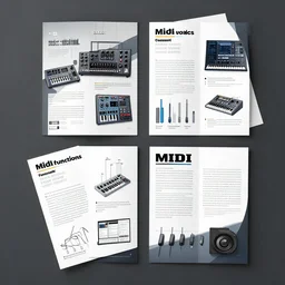 an a 4 pamphlet design explaining midi functions in electronic, music production, infographic, high resolution print