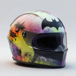 batman inspired helmet with the jokers color palette and graffiti