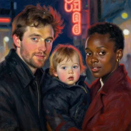 winter, family, colin farrell with ruth negga with their kid, neon light, detailed faces, painting by gaston bussiere, craig mullins, j. c. leyendecker