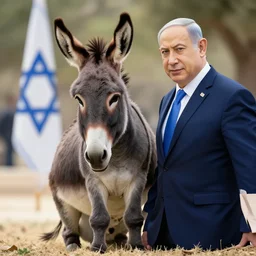 donkey sitting on benjamin netanyahu picture, photorealistic, detailed, photograph