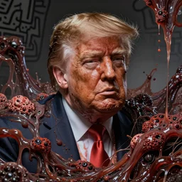 donald trump's disgusting true form bursting from within, gross, slimy, sleazy, pustules, high details, intricate details, by keith haring
