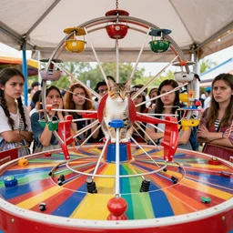a kitten sitting on top of the middle of the horizontal wheel on wheel of fortune game show where frustrated contestants stare behind it, set photo, wide angle