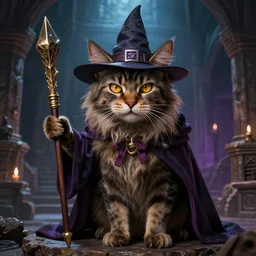 highly detailed, hyper realistic wizard cat with a dungeon background by mike mignola