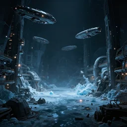 industrial futuristic ice mine, with spaceships in the sky, dark scene with isolated lights, cinematic, epic, 4 k, concept art by bruce pennington