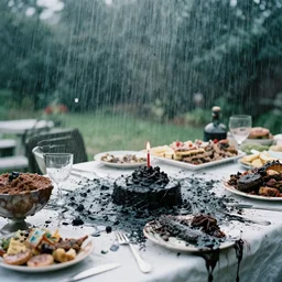 imax film still of downpour of black sludge on birthday buffet table, modern horror