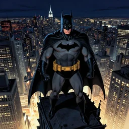 Batman overlooking Gotham City from a skyscraper at night, digital art, artstation, WLOP, CGSociety, Mandy Jurgens, Frank Frazetta
