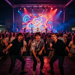 friends dancing at an alternative concert facing the camera, body forward, in the back a huge crowd and neon art, abstract style