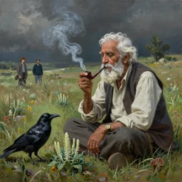 an elderly indian don juan is sitting in a field with peyote and smoking a pipe, a raven walks next to him, by miho hirano, ross tran and ilya kuvshinov, realistic, detailed, beautiful fantasy detailed trending on artstation, oil painting, dramatic lighting, eterea, high quality print, fine art with subtle redshift rendering, ink