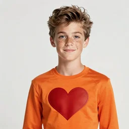 friendly teenage archie andrews wearing an orange superhero costume with heart logo, freckles, pureheart the powerful, heart emblem on chest, cape, intricate, elegant, glowing lights, highly detailed, digital painting, artstation, sharp focus, illustration, art by wlop, mars ravelo and greg rutkowski