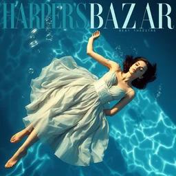 fashion model floating in water, wearing prada dress, harper's bazaar editorial, highly detailed