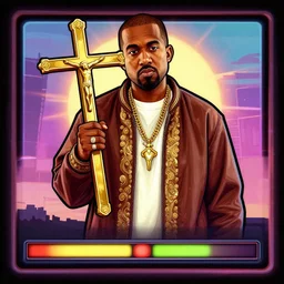 illustration gta 5 artwork of holy saint kanye west, golden jesuscross, in the style of gta 5 loading screen, by stephen bliss