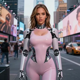 ig body portrait of jessica alba cyborg young woman in an overgrown nyc times square, facing the camera, symmetrical, raver girl, pinterest, anime girl, cinematic, smooth, pastel color scheme,