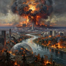 post - apokalyptic, nuclear explosion on the horizon, destruction capital city of the free republic of liberland, river in the middle, hyperdetailed, glass dome, burning forest, artstation, painting by gaston bussiere, craig mullins, j. c. leyendecker, 8 k