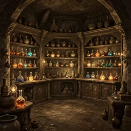 Whiterun apothecary interior, potion shop interior, glowing potions, skyrim, set within Elder Scrolls 5 as fanart