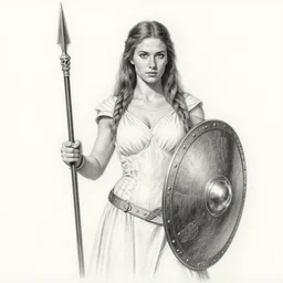 pencil drawing, a female valkyrie holding a sheild and spear wearing a white dress, made by artgerm, artgerm, trending on artstation, beautiful, realistic