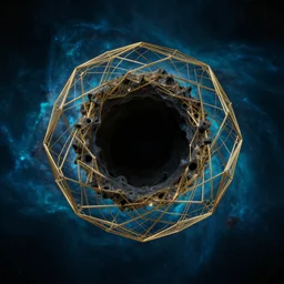 a black hole behind a golden wireframe geometric structure, deep blue and dark cyan nebula background, highly detailed artwork
