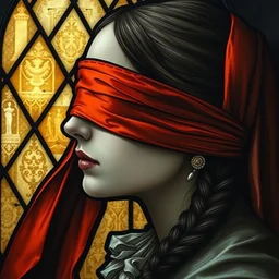 beautiful detailed side - view portrait of philippa eilhart, a blindfolded woman, no eyes, covered eyes, hidden eyes, blindfold over eyes, red and orange blindfold, pigtails, gothic stained glass window, masterful