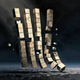tall boxes falling out of space side - by - side, pixel sorting, collapsed boxes, zdzislaw beksinski