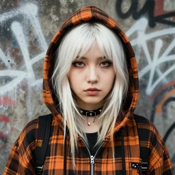 highly detailed closeup portrait of a sewer punk lady student, tartan hoodie, white hair by atey ghailan, by greg rutkowski, by greg tocchini, by james gilleard, by joe fenton, by kaethe butcher, gradient, orange, black, brown and cream color scheme, grunge aesthetic!!! white graffiti tag wall background