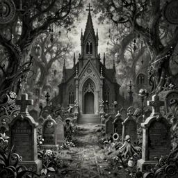 cemetery scene in hell with a creepy chapel in the distance, creepy, fantasy, d & d, intricate, beautiful, highly detailed, elegant, artstation, concept art, smooth and sharp focus, rpg artwork, illustration, painting by craig mullins, j. c. leyendecker, rene maritte, tian zi, wlop, alsphonse mucha, artgerm