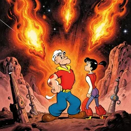 Valérian et Laureline, agent spatio-temporel cosmic horror comets on fire ominous void magnificent space landscapes hyperdetailed ink and paper in the style of Popeye