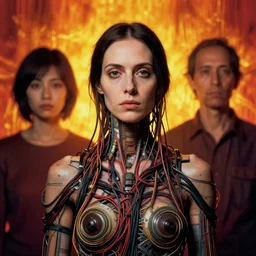 dark very beautiful woman, a lot of wires on body, full face frontal centered, portrait, by francis bacon, by ayami kojima, by amano, by alex grey, by zdzisław beksinski, by takato yamamoto, radiant colors, ultra detailed, high resolution, wrapped thermal background