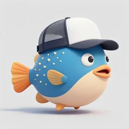 illustrated profile picture of a fat round spikey blowfish wearing a trucker hat and a wry smirk in the style Asaf Hanuka trending on artstation