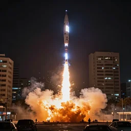 Tel aviv under rocket attack at night, cinematic shot, photorealistic, highly detailed