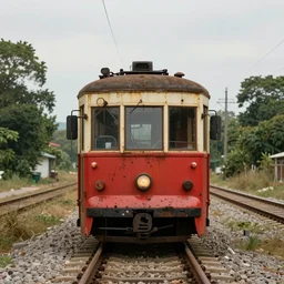 movie frame still of old and rusty red tram smeared with oil standing on rails, a beautiful view nature, 8 k, highly detailed, zenith view, ultra wide angle