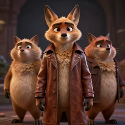 portrait, 3 d render, anthropomorphic coyote male, wearing along brown leather maxi coat, in the style of zootopia, highly detailed attributes and atmosphere, dim volumetric cinematic lighting