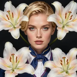 a beautiful fashion blond flight attendant, lite frank outfit, symmetrical, maximalist, lily frame, art by ilya kuvshinov, rossdraws, sharp focus, art by wlop and artgerm, extreme detail, detailed drawing, hyper detailed face