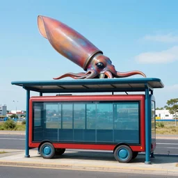 a perfect technicolor photograph of a gargantuan squid shaped bus shelter,