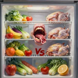 a high and surreal hyper detailed painting of war inside a refrigerator fruits and vegetables vs meat and chicken, whoever wins the war stays in the refrigerator mouth