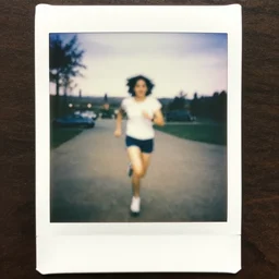 Blurry Polaroid photo of a girl running towards the camera with something following her