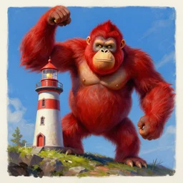 might and magic 6 poster artwork, raging red orangutan shaking small lighthouse building, oil, vibrant color, pen edges, fantasy digital art, 4 k,