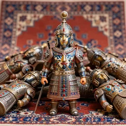 macro photo of a pile warrior figurine with a Persian carpet painted symmetrical face, depth of field, intricate, delicate, by Jonas Jensen