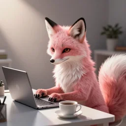 A light pink anthropomorphic fox sits at a desk typing on a laptop with a cup of coffee
