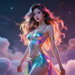a beautiful female goddess of neons character, character is in all its glory, character is in her natural relaxed pose, rim lights, particles and dust in the air, fancy clouds, highly detailed professional photo, dynamic lights, particles are flying, depth of field, trending on artstation, illustration, hyper realistic, vray caustics, super detailed, colorful accents, cinematic shot