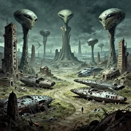 Ancient alien landscape full of broken buildings and derelict space ships, Les Edwards, Zdzislaw Beksinski, Carl Gustav Carus, John Harris, Michal Karcz, Zhang Kechun, Mikko Lagerstedt, Scott Listfield, Steven Outram, Jessica Rossier