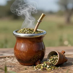 an argentinian cup of mate and staw, photorealistic, outdoors, hot vapor, weed, intricate digital art